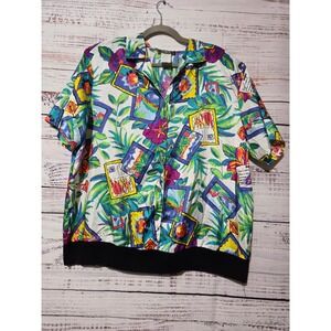 Vintage MC Tropical Postcard Floral Print Button Up Blouse Black Banded Hem 18W